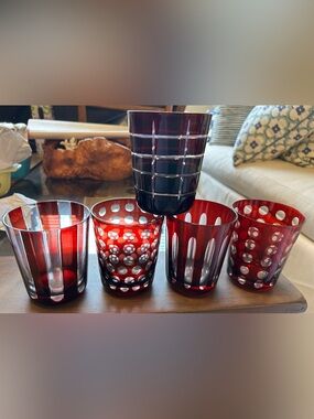 TOZAI HOME Ruby Red Cut Glass Old Fashioned Cocktail Glasses, S/5
